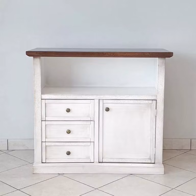 Porta TV Mobili 2G in legno di pino stile shabby chic bianco e noce con 1 anta e 3 cassetti L: 84 cm, P: 40 cm, H: 75 cm