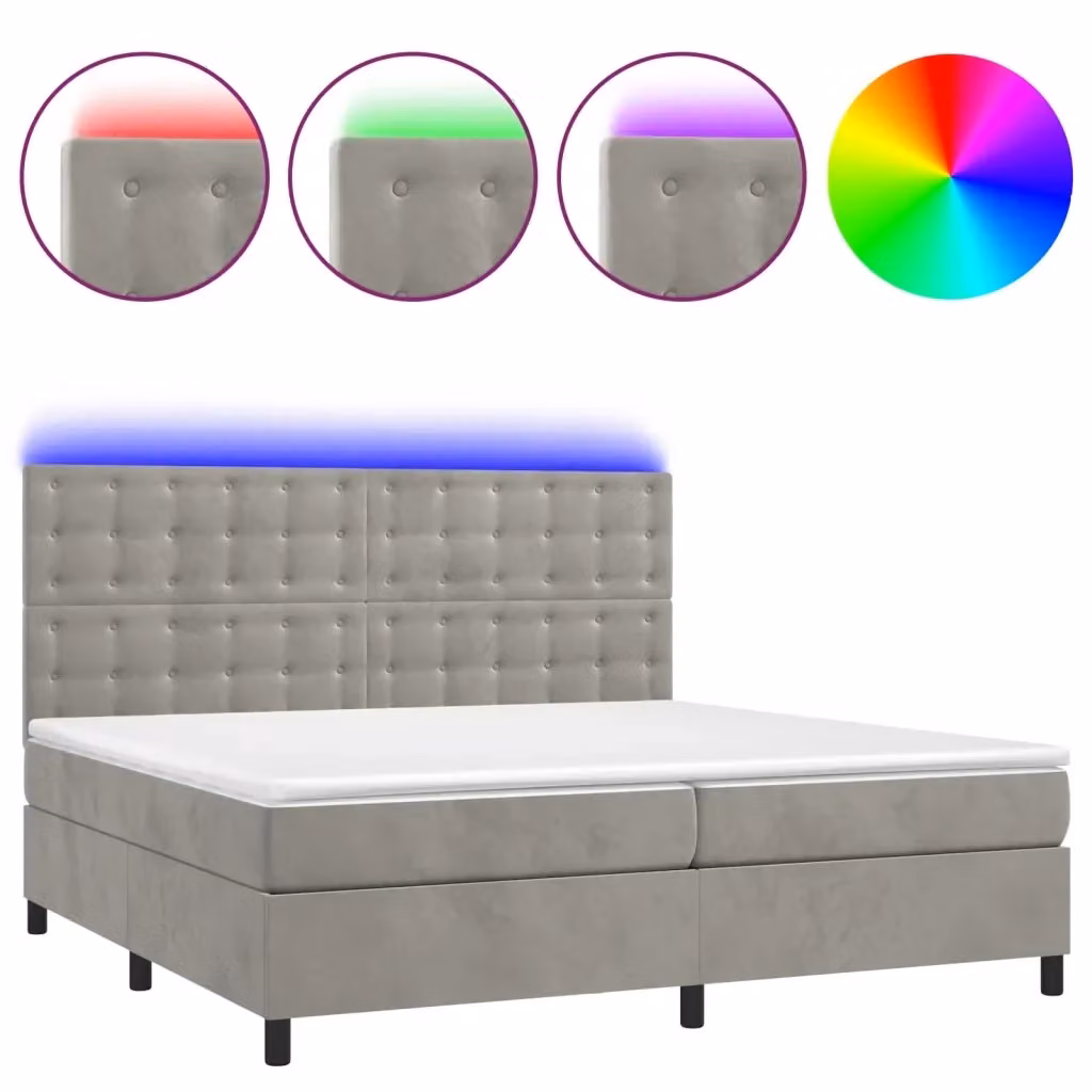 Letto Ibrido con Materasso e Illuminazione LED vidaXL in Velluto Grigio Chiaro L: 200 cm, P: 200 cm, H: 203 cm – 2