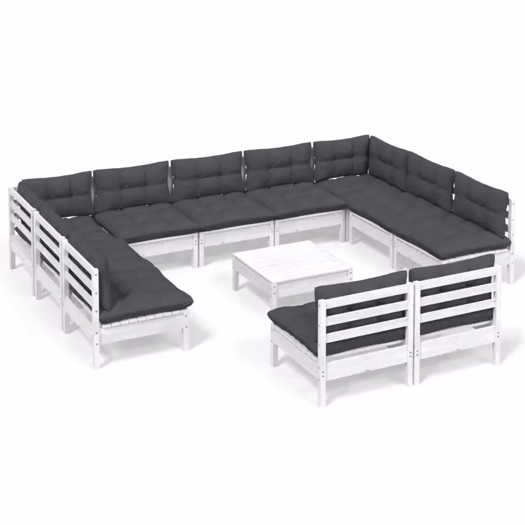 Set di divani da giardino a forma di U vidaXL in legno di pino con cuscini bianchi e antracite – 2