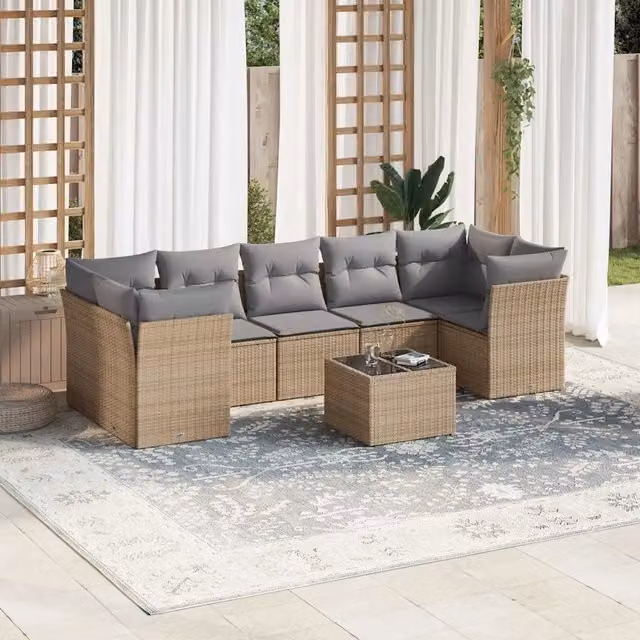 vidaXL Set Divano da Giardino 8 pz a L con Cuscini Beige e Grigio in Polyrattan e Tavolino in Vetro