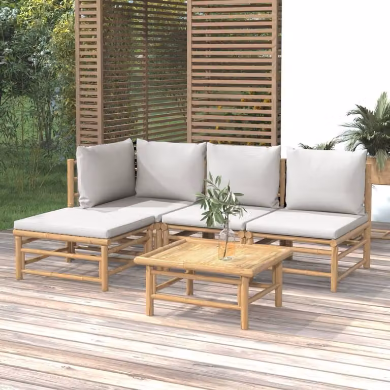 The Living Store Set da giardino da 5 pezzi con cuscini in bambù grigio chiaro