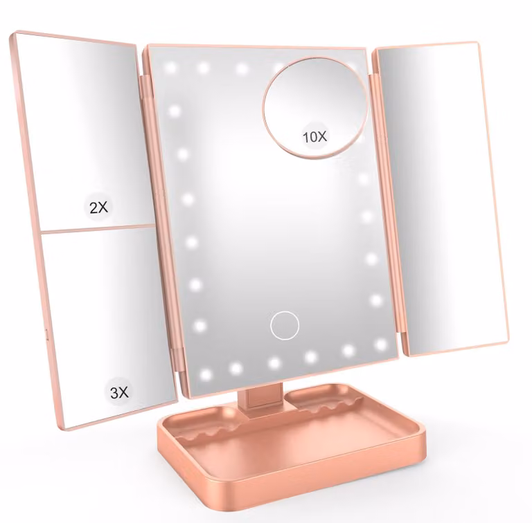 SURFOU Specchio cosmetico LED con illuminazione, specchio cosmetico ricaricabile con 3 colori di luce e luminosità regolabile, ruotabile a 360° per il trucco e la cura del viso, idea regalo per donne - oro rosa