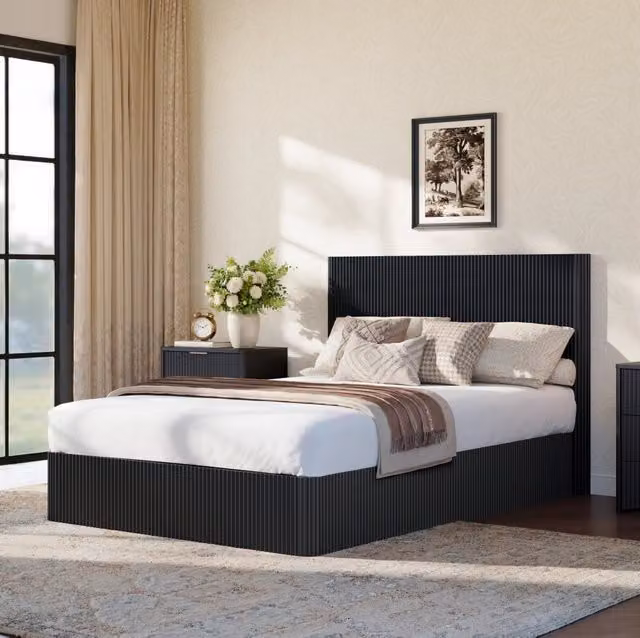 Letto contenitore ULEVR 140x200 cm con sollevamento idraulico, struttura in metallo e finitura nera lucida
