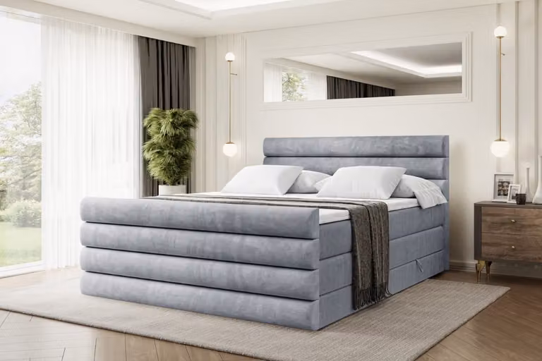 Letto boxspring ALTDECOR con pediera, 2 materassi e topper - 140x200 cm - CELESTIA-Z KING - Velluto grigio - Letto imbottito con materassi H3 e H4, contenitore e rete a doghe, letto con spazio contenitivo