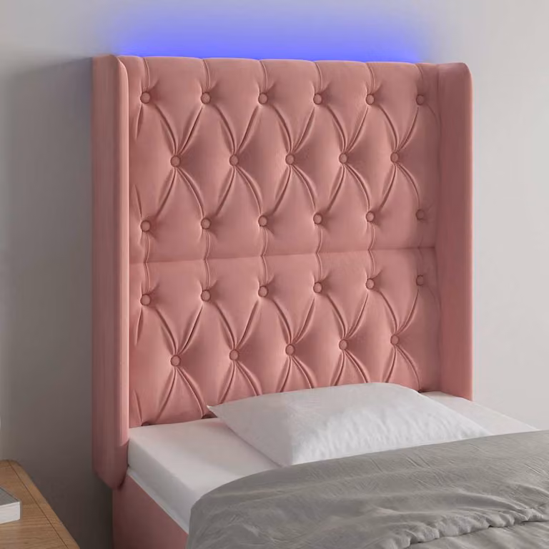 Testiera per letto con LED e porta USB vidaXL in velluto rosa, L: 83 cm, P: 16 cm, H: 118-128 cm