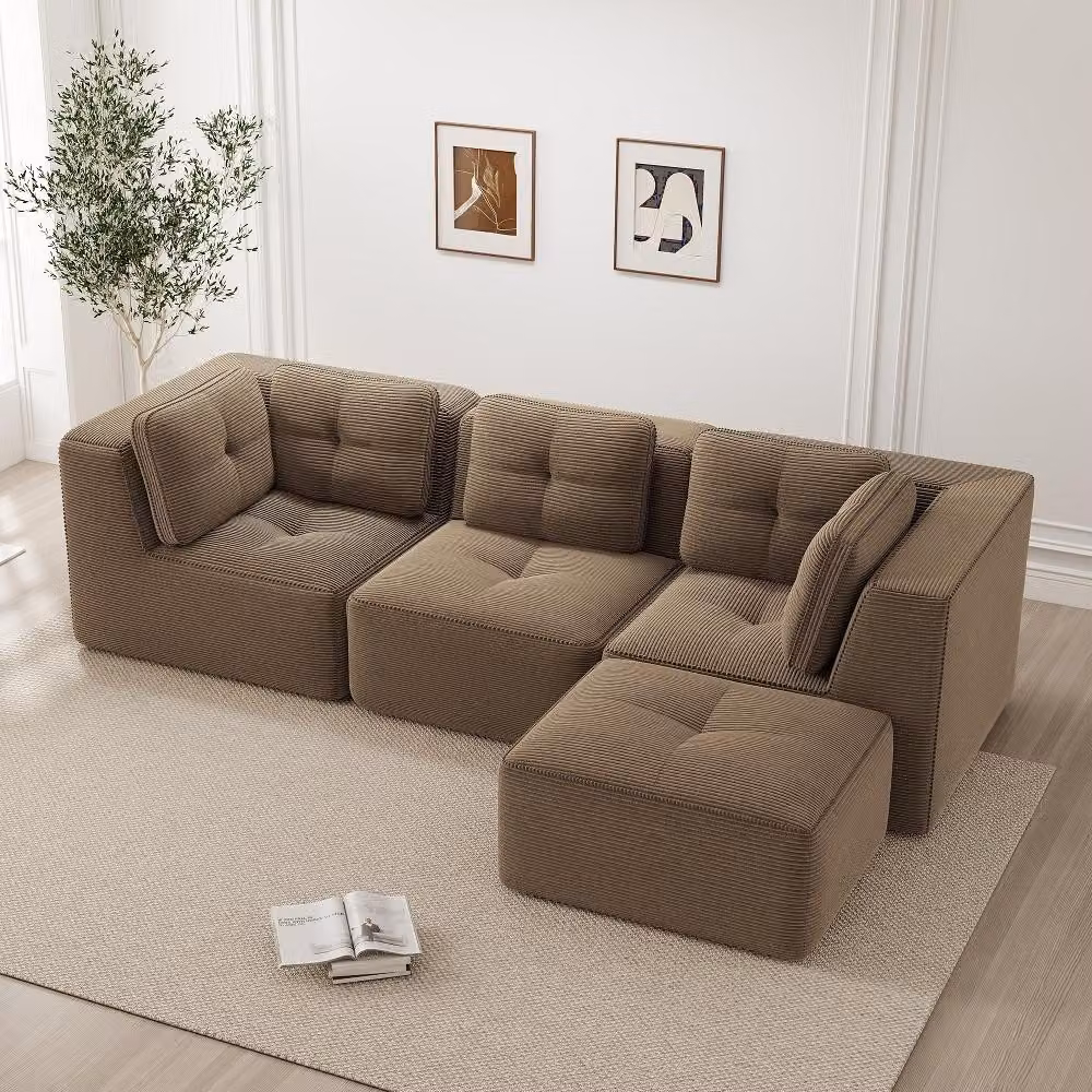 Divano angolare a forma di L senza cornice, divano modulare in corda marrone, divano a 3 posti con seduta profonda, senza struttura aerea, dimensioni 297x177x69 cm