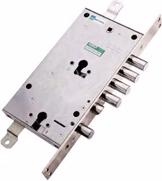 Serratura a infilare Mottura 85795 in metallo color argento con doppia faccia sagomata e triplo cilindro