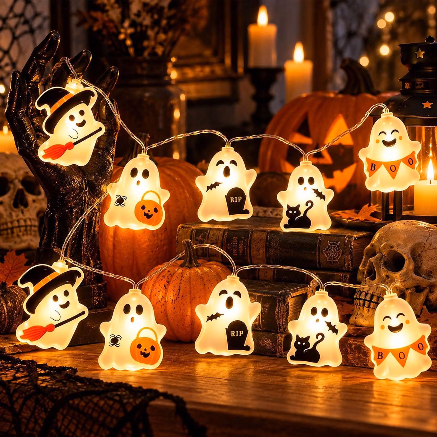 Catena luminosa a tema Halloween, lunghezza 1,5 metri, 10 LED, decorazione con fantasmi