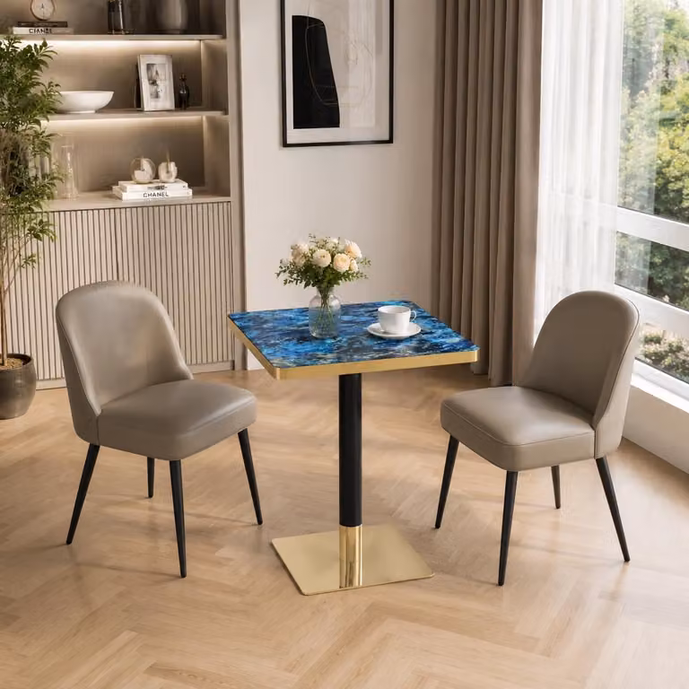 Tavolino rotondo, aspetto marmo, bordo decorativo, struttura in metallo, utilizzabile come tavolino da caffè o comodino (blu)
