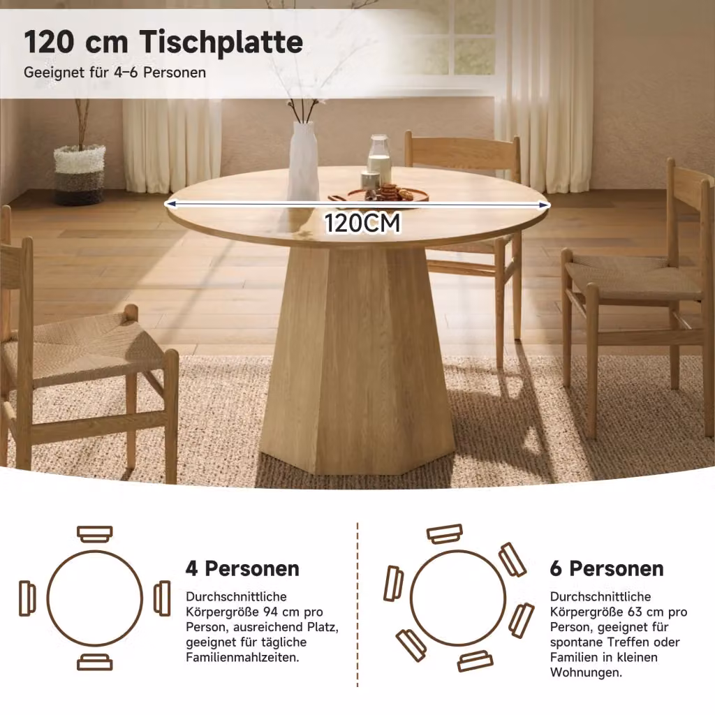 Tavolo da pranzo rotondo REDOM in MDF laminato colore marrone con base a colonna centrale, diametro: 120 cm – 2