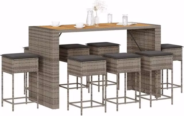 Set Bar da Giardino 9 pz con Cuscini in Polyrattan Grigio 3261520