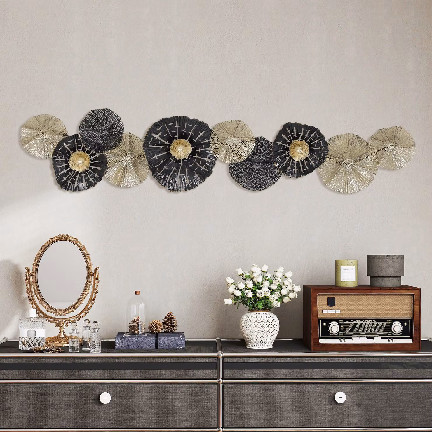 Quadro da parete decorativo HOMCOM con cornice metallica rotonda in stile moderno astratto, Nero e Oro – 2