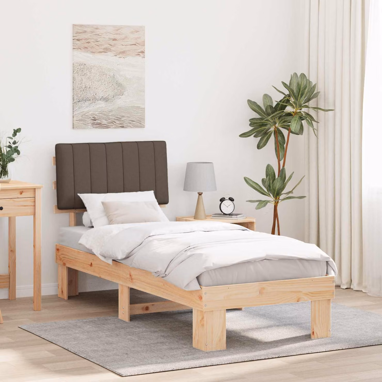Letto con Testiera Rivestita in Tessuto e Pino Massello vidaXL, Colore Beige o Grigio, 75 x 190 cm – 1