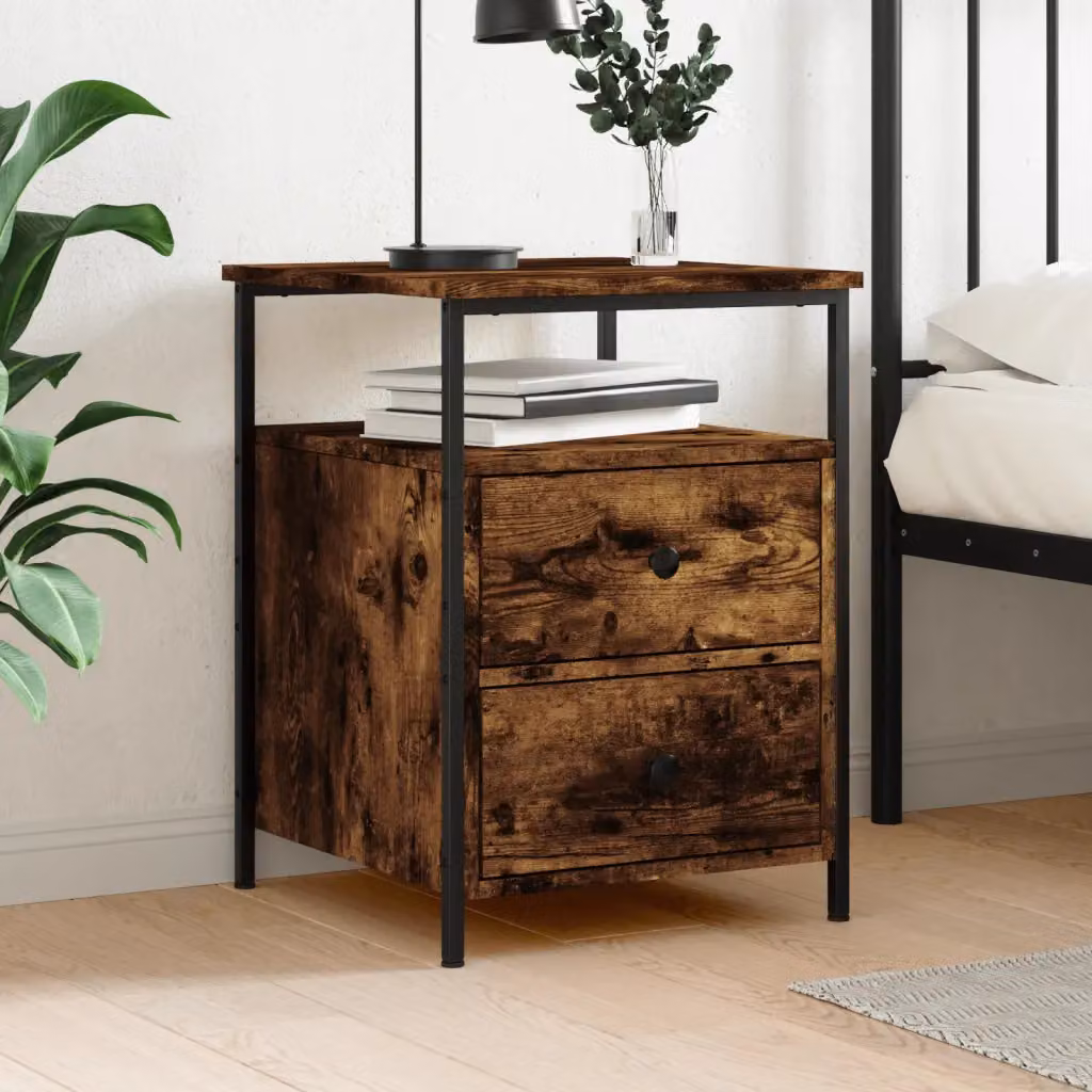 Comodino vidaXL in Legno Rovere Fumo e Metallo, Stile Industrial, L 44 cm x P 45 cm x H 60 cm