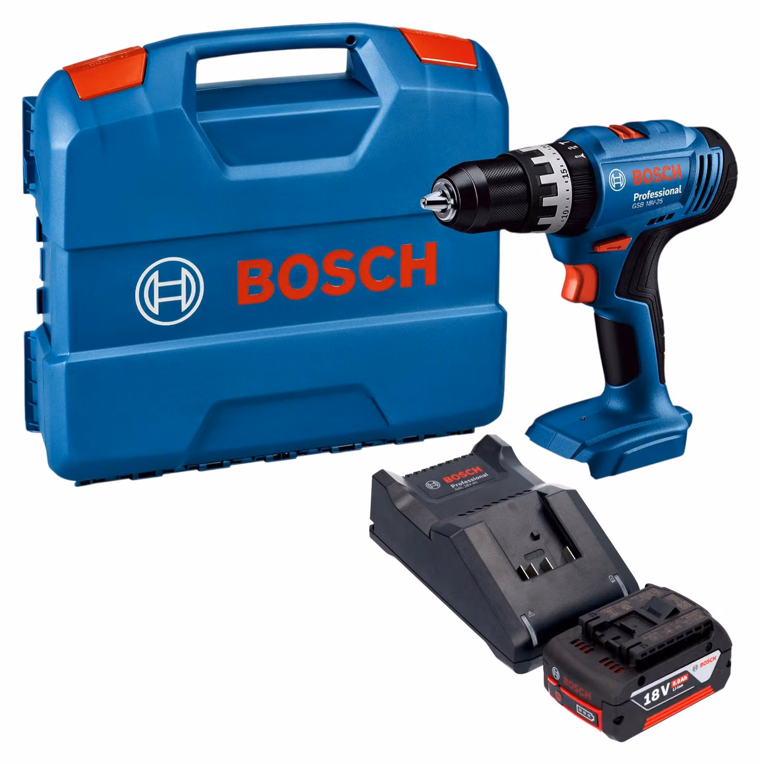 Trapano avvitatore a percussione a batteria Bosch GSB 18V-25 Professional 18 V 56 Nm + 1 batteria da 5,0 Ah + caricabatterie + valigetta L-Case