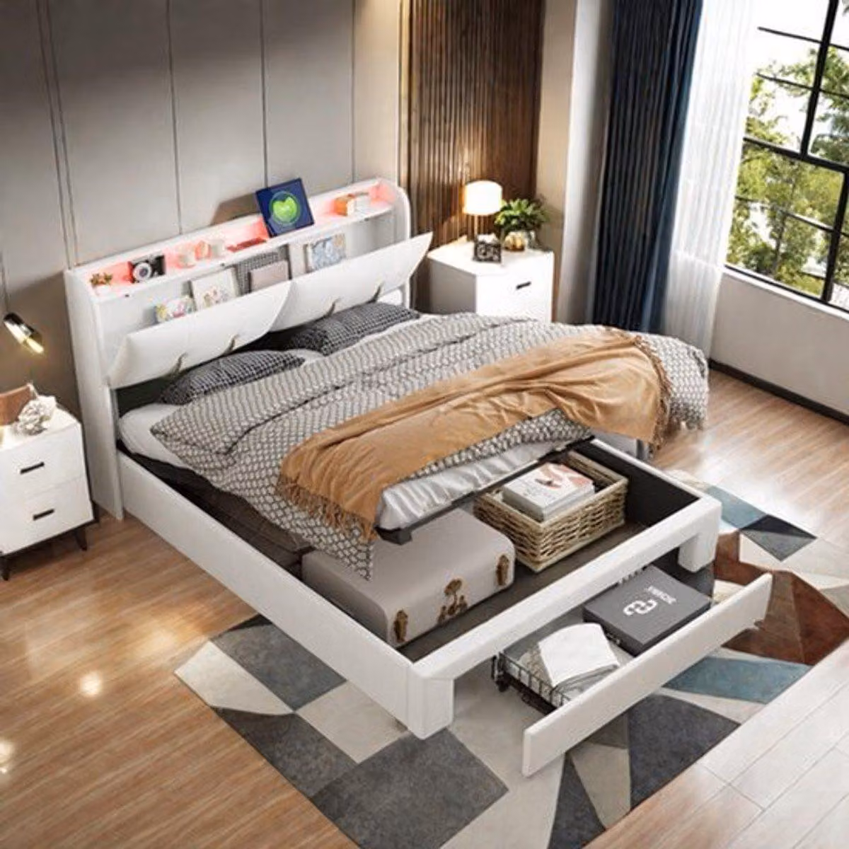 Letto matrimoniale imbottito - Velluto - Beige - 160x200 cm - Con spazio contenitore, porta USB e illuminazione LED