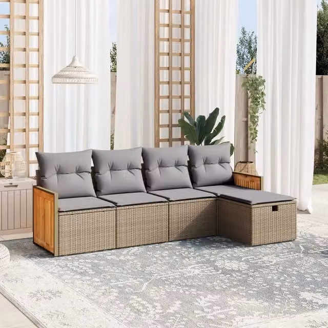 Set Divano da Giardino 5 pz con Cuscini-Sofa da Giardino-Divanetto da esterno Beige Misto Polyrattan 116434
