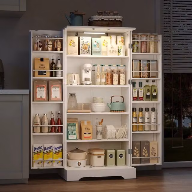 Mobile cucina ULEVR 60x35x128 cm con luce LED USB a sensore, 5 ripiani interni regolabili, bianco