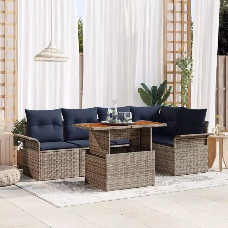 Set Divano da Giardino Moderno vidaXL 6 pz in Polyrattan con Legno di Acacia Grigio e Blu Navy