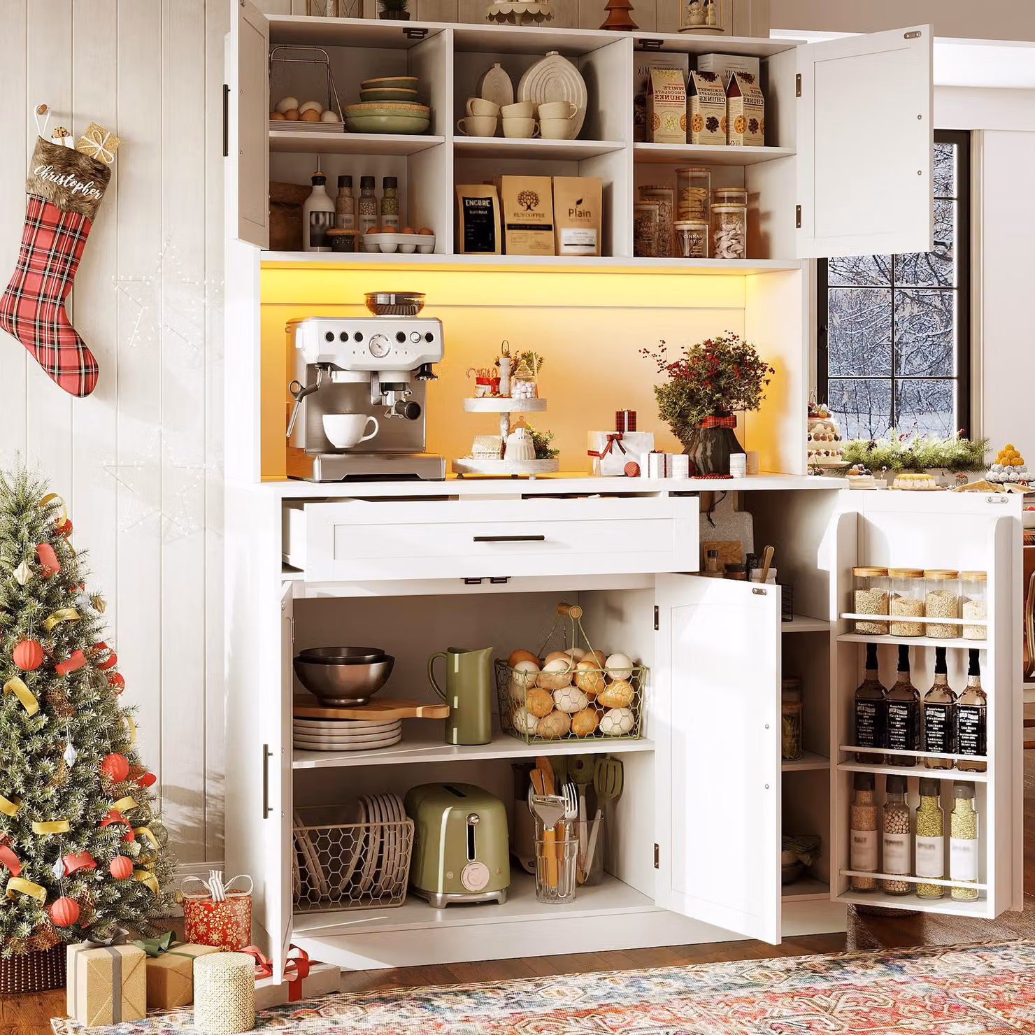 Mobiletto da cucina LED con cassetti e ripiani nelle ante, maniglie in metallo inossidabile, mobiletto porta stoviglie con sistema di sicurezza anti-ribaltamento, colore bianco