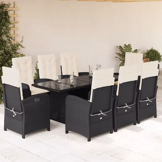 Set da pranzo da giardino moderno vidaXL in polyrattan nero con cuscini e tavolo in vetro, 9 pezzi