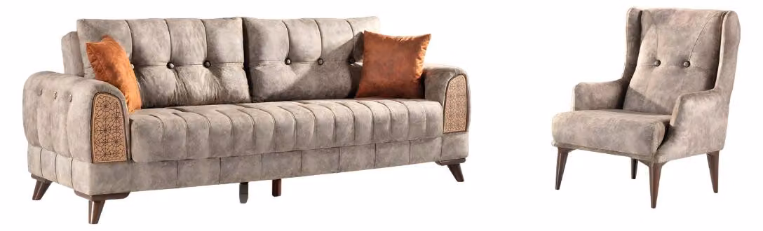 Sofagarnitur 3+1 Sitz Garnitur Set Sofas Sessel Holz Textil Couchgarnitur