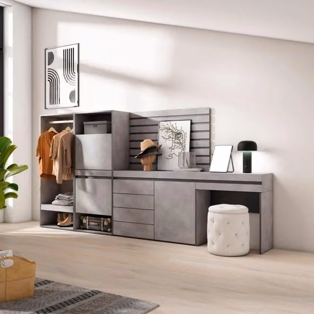 Armadio Aperto e Scarpiera Skraut Home con Cassettiera e Pannelli Decorativi, Grigio Cemento e Nero, L/P/H: 297 x 35 x 145 cm – 1