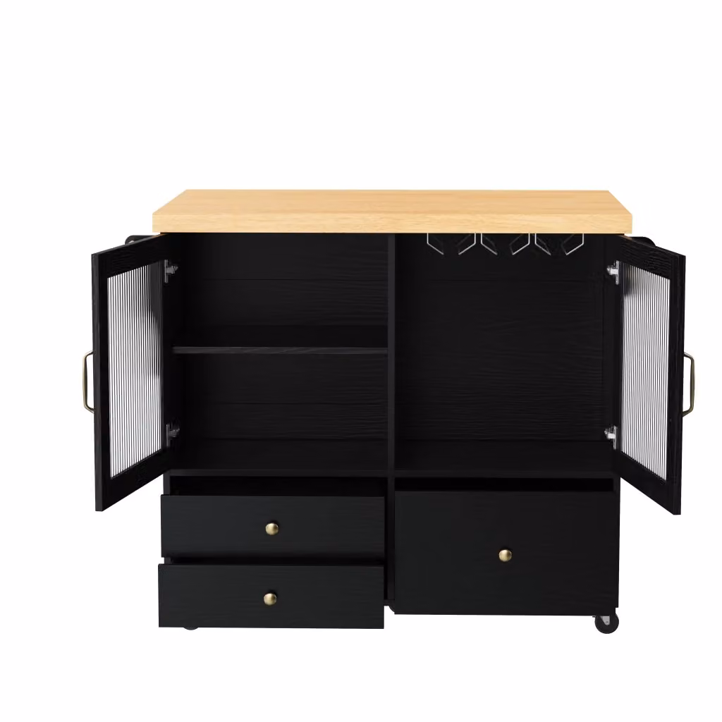 Isola da cucina Minimal nera con carrello estraibile, ruote e porta calici, L: 120 cm, P: 60 cm, H: 90 cm – 2