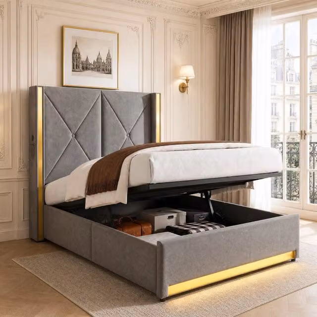 Letto singolo contenitore 90 × 200 cm in velluto grigio scuro con testiera alta USB Type C LED e tasche laterali