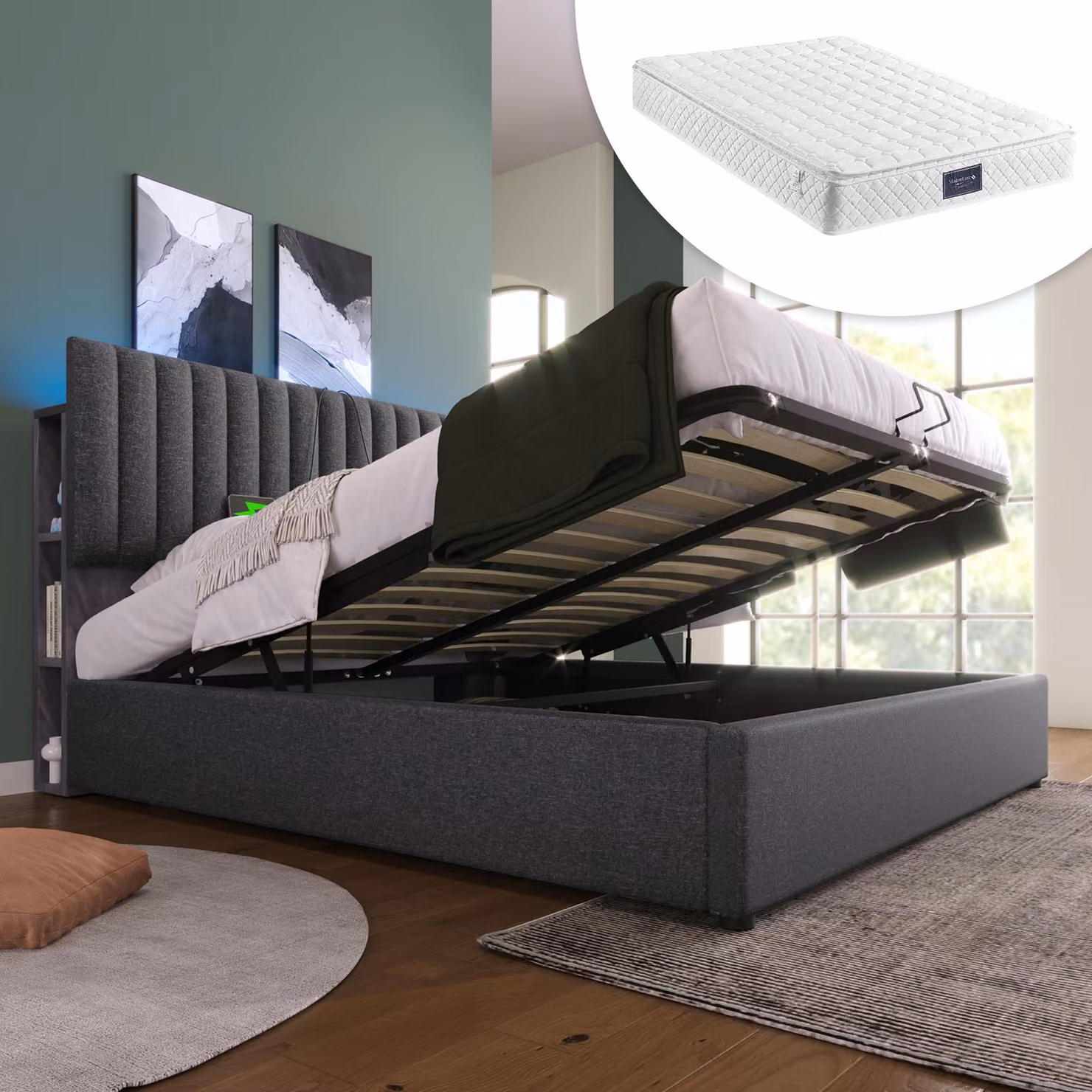 Letto matrimoniale OKWISH 140x200 cm con materasso incluso, porte USB-C e illuminazione LED - Letto matrimoniale in lino e metallo collegato - Grigio