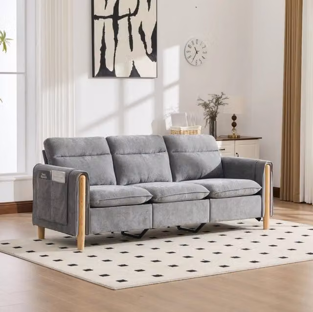 Divano angolare 3 posti reversibile in ciniglia grigio chiaro con pouf contenitore HOMVRA