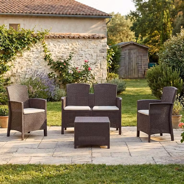Dmora set Salotto da Esterno Asiak Marrone, 4 Posti Waterproof, Lavabile, Resina  Italy