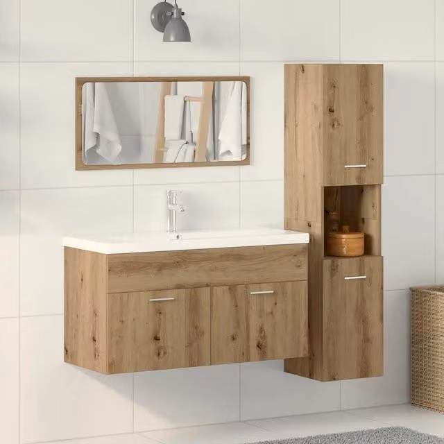 Set Mobili da Bagno Moderno vidaXL in Legno Rovere Marrone composto da Base Lavabo, Armadietto Specchio e Colonna, Montaggio a Parete
