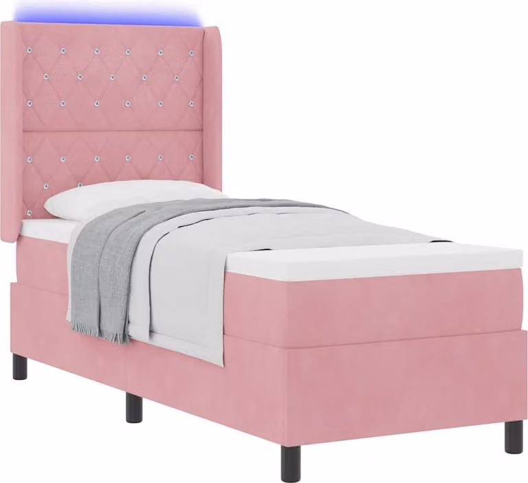 Letto boxspring con materasso LED rosa 80 x 200 cm velluto