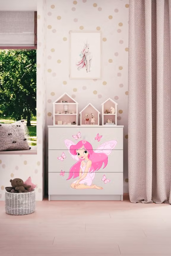Cassettiera per bambini elfo con farfalle nel colore bianco Babydreams