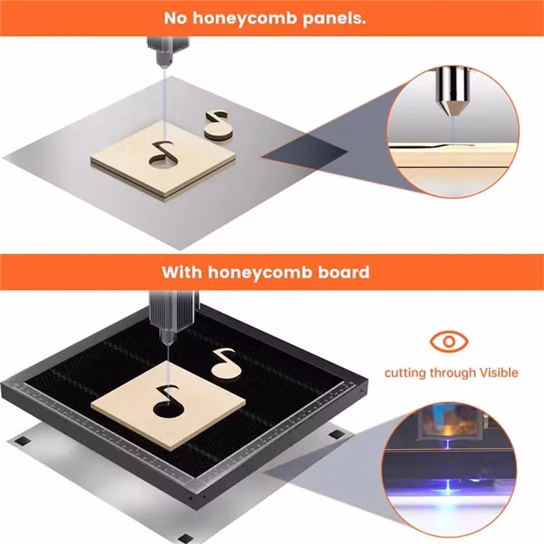 Tavolo da lavoro laser con struttura a nido d'ape - Modello E10 per laser CO2 - Universale - Piastra in alluminio - Spilli di posizionamento - Scala graduata - Tappetino antiscivolo - Dimensioni: 500 x 500 x 22 mm