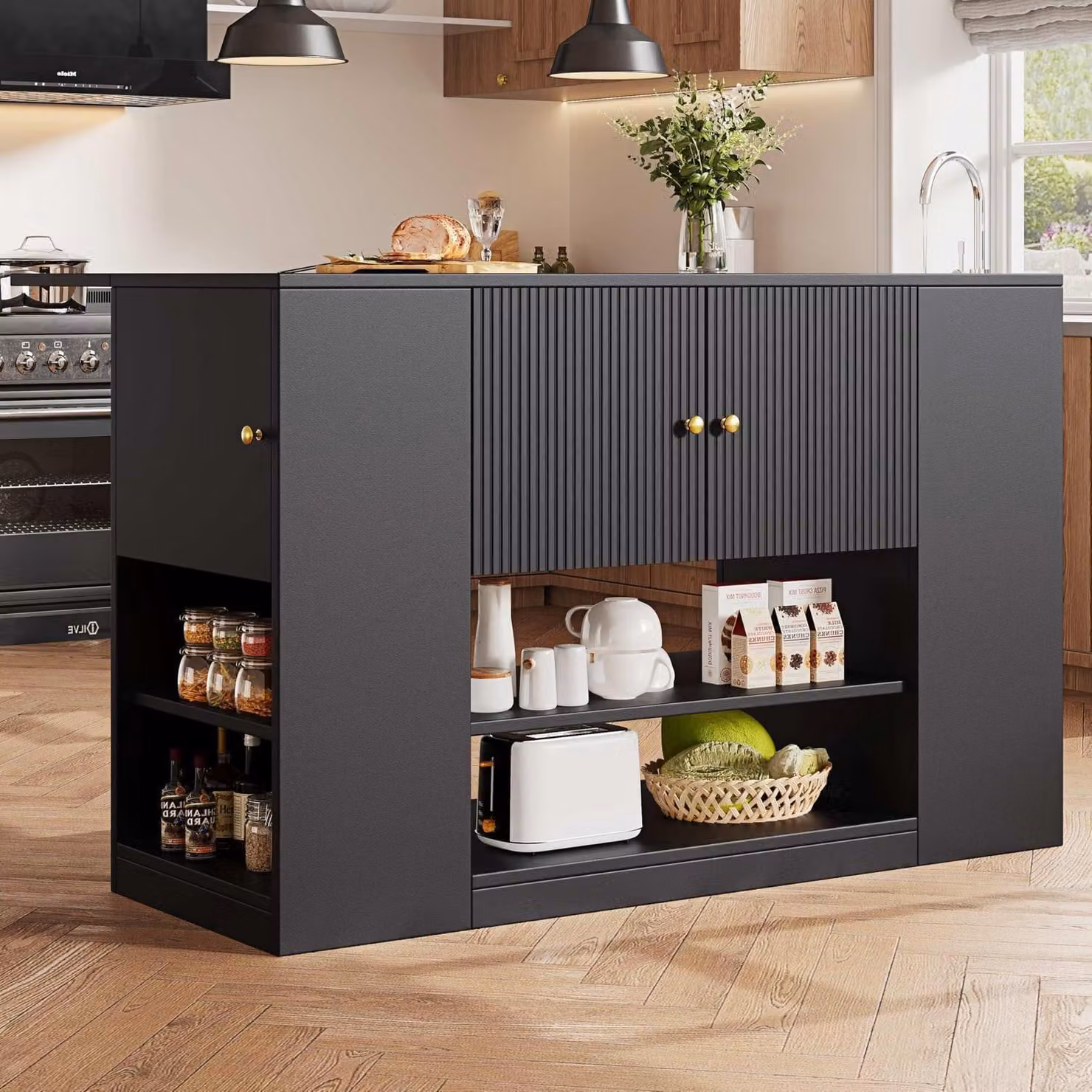 Isola da cucina con cassetti e ripiani, piano ribaltabile, colore nero, dimensioni 140x40x90 cm