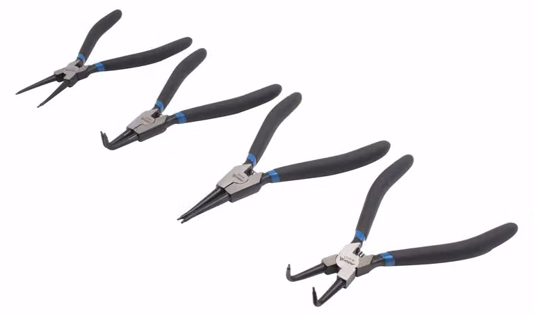 Set-kit pinze per anelli di sicurezza Seeger a becco curvo e dritto interni/esterni, con punte dritte e curve per bloccaggio 180 mm, 4 pezzi Asta