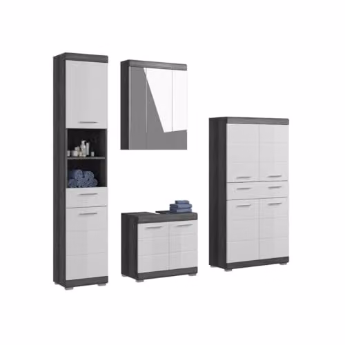 Scott - Set da bagno – mobile sotto lavabo, colonna, portaoggetti a specchio e mobile – grigio scuro e bianco