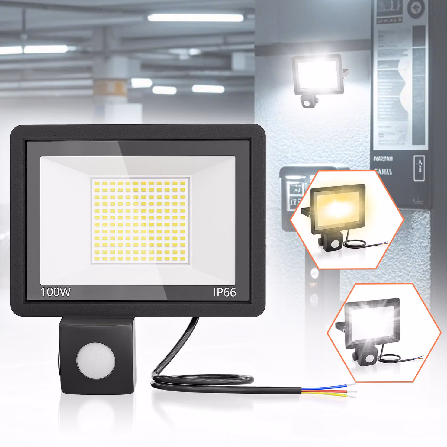 Set di 2 faretti LED da esterno con sensore di movimento, 100W, 3500 lumen, grado di protezione IP66, luce bianca calda, senza spina