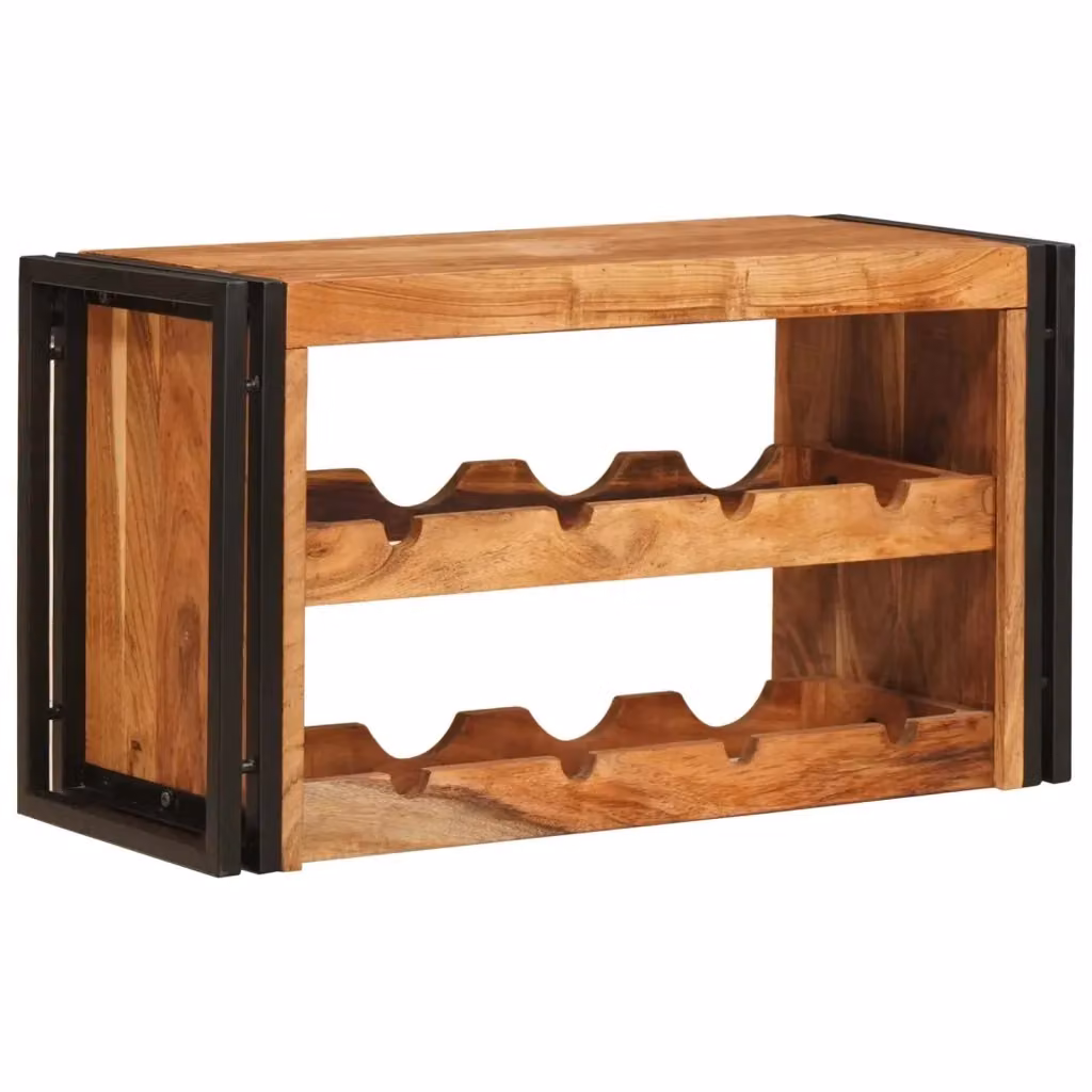 Portabottiglie in legno di acacia massello e metallo marrone stile industrial da appendere al muro L: 80 cm, P: 45 cm, H: 33 cm – 2