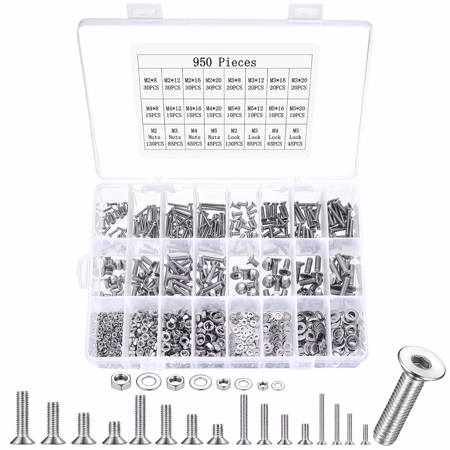 Set di viti da 950 pezzi, nelle misure M2, M3, M4 e M5, in acciaio inossidabile, completo di dadi e rondelle, ideale per lavori di montaggio