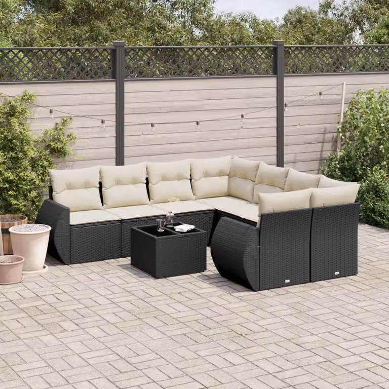 Set di divani da giardino vidaXL in polyrattan nero con 9 pezzi e cuscini inclusi