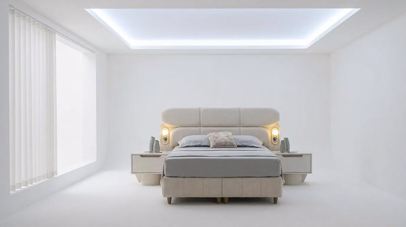 Set per camera da letto: letto, testiera, 2 comodini, design moderno, colore beige, spazioso