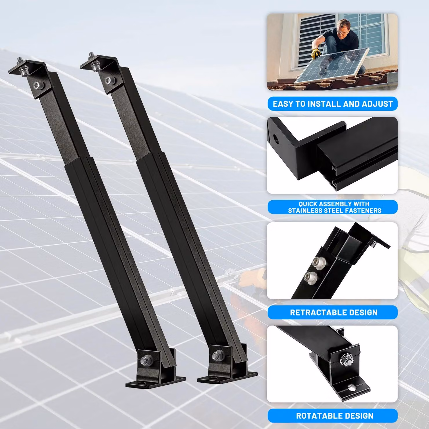 Supporto regolabile per pannelli solari - Staffa di montaggio inclinabile - Potenza: 100–400 W - Adatto per camper e superfici piane - Materiale: alluminio - Colore: nero