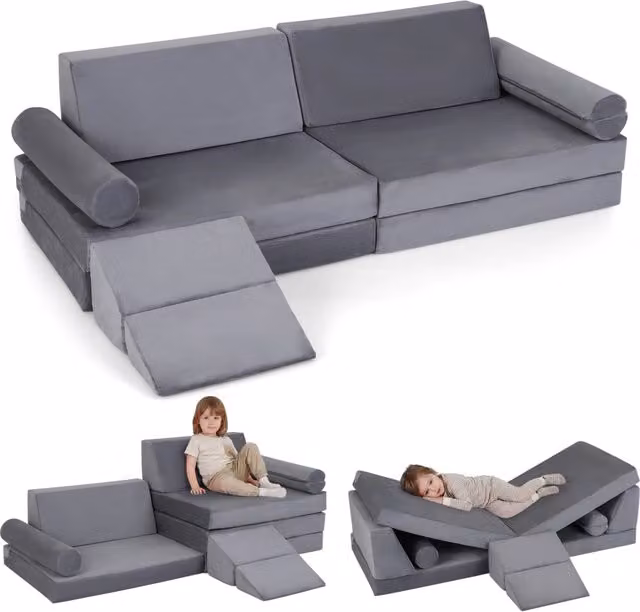 Divano componibile per bambini in velluto cristallo, set modulare da 10 pezzi Grigio – 1