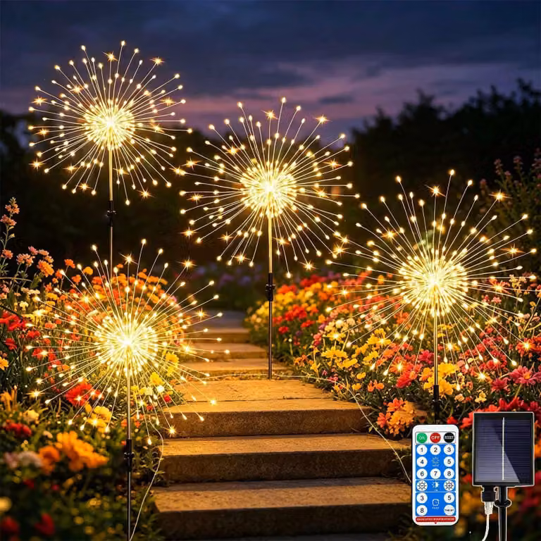 Set di 4 luci decorative solari, con 480 LED, luce bianco caldo, 8 modalità, grado di protezione IP65