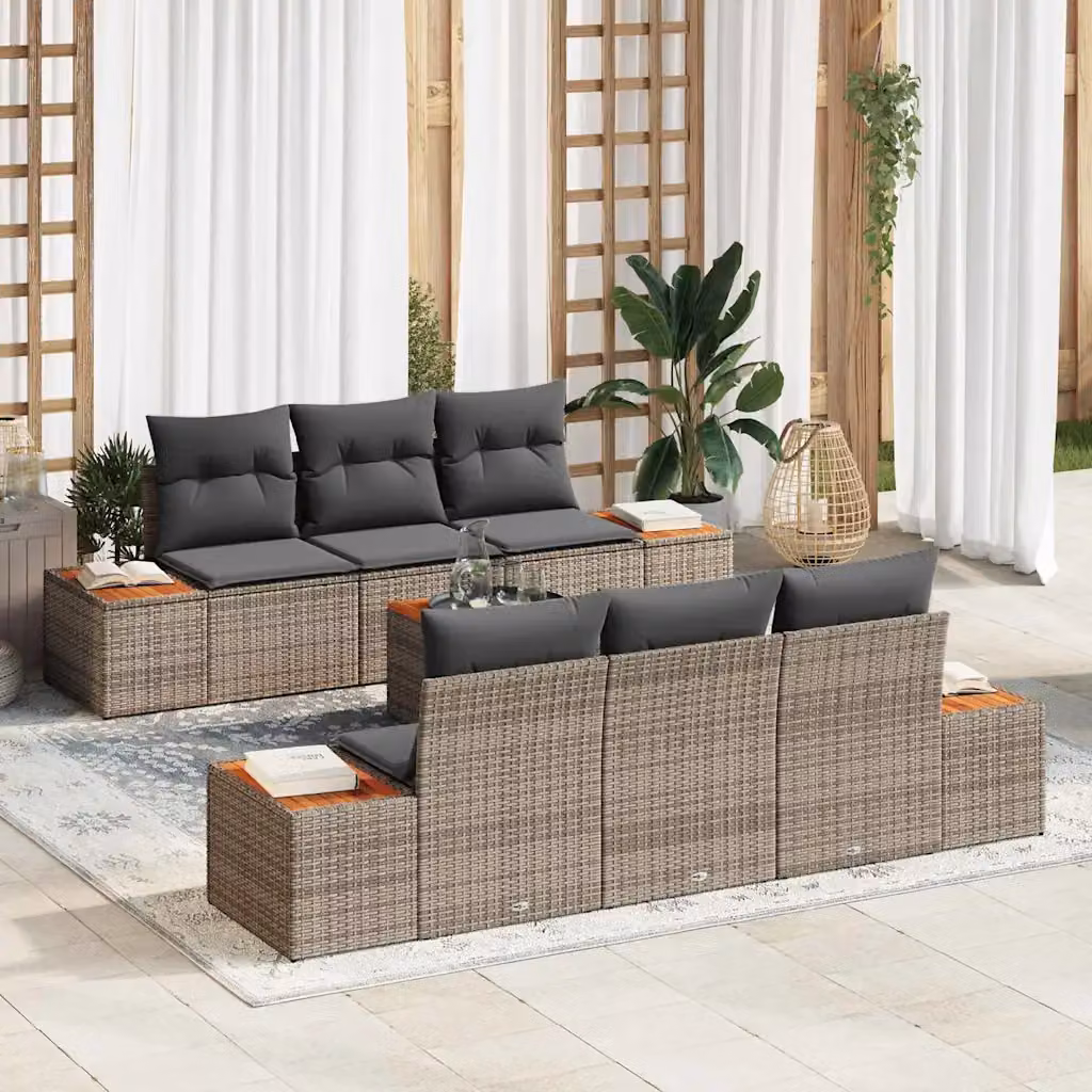 Set Divano da Giardino vidaXL 7 Pezzi Grigio con Cuscini e Tavolino in Metallo e Rattan – 1