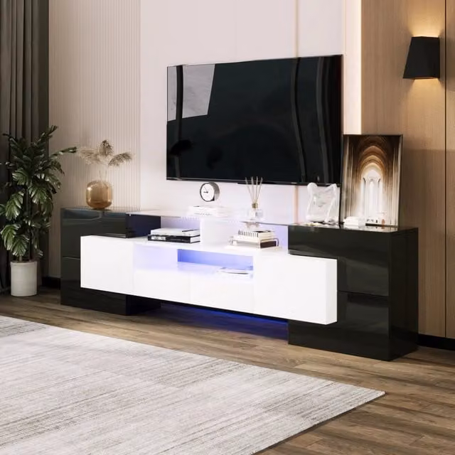 Mobile TV con LED 200x35x60 cm; 4 ante 2 cassetti e 3 vani in truciolare e MDF; nero e bianco