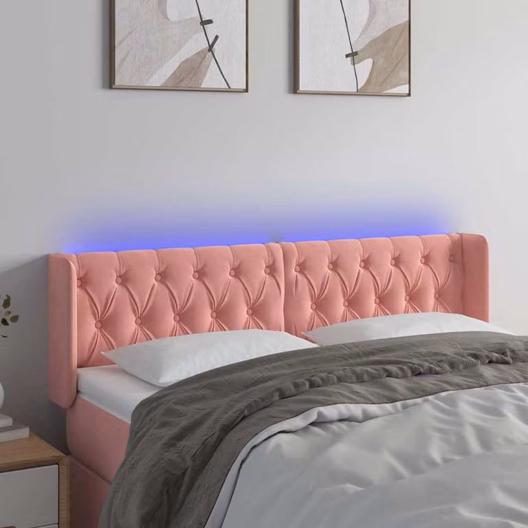 Testiera per letto vidaXL in velluto rosa con illuminazione LED e porta di ricarica USB, L 147 cm x P 16 cm x H 78/88 cm